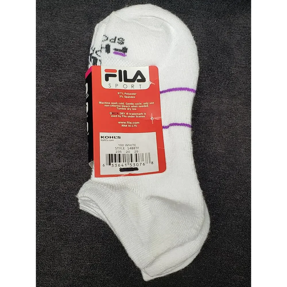 FILA Sport QWICK-DRY 3 Pack No Show Socks Shoe Size 4-10 White w. Stripes | BNWT
